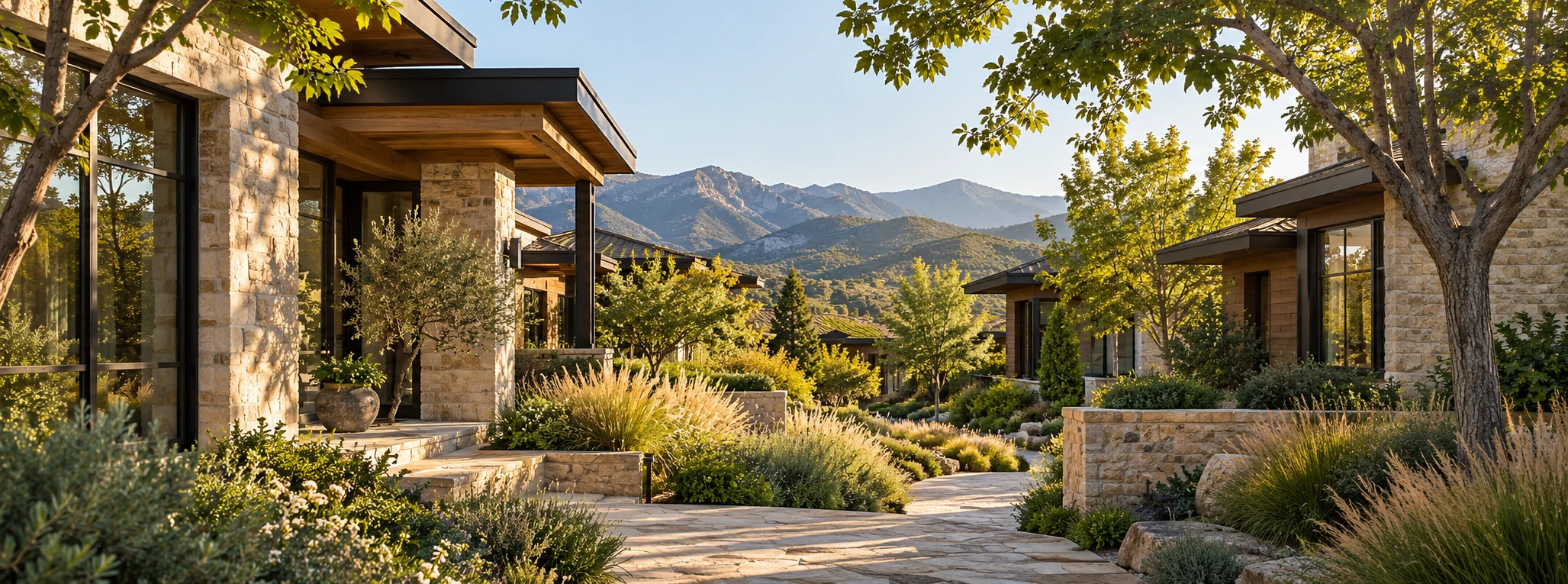 Sunlit stone residences and landscaped walkways at an illustrative mountain community