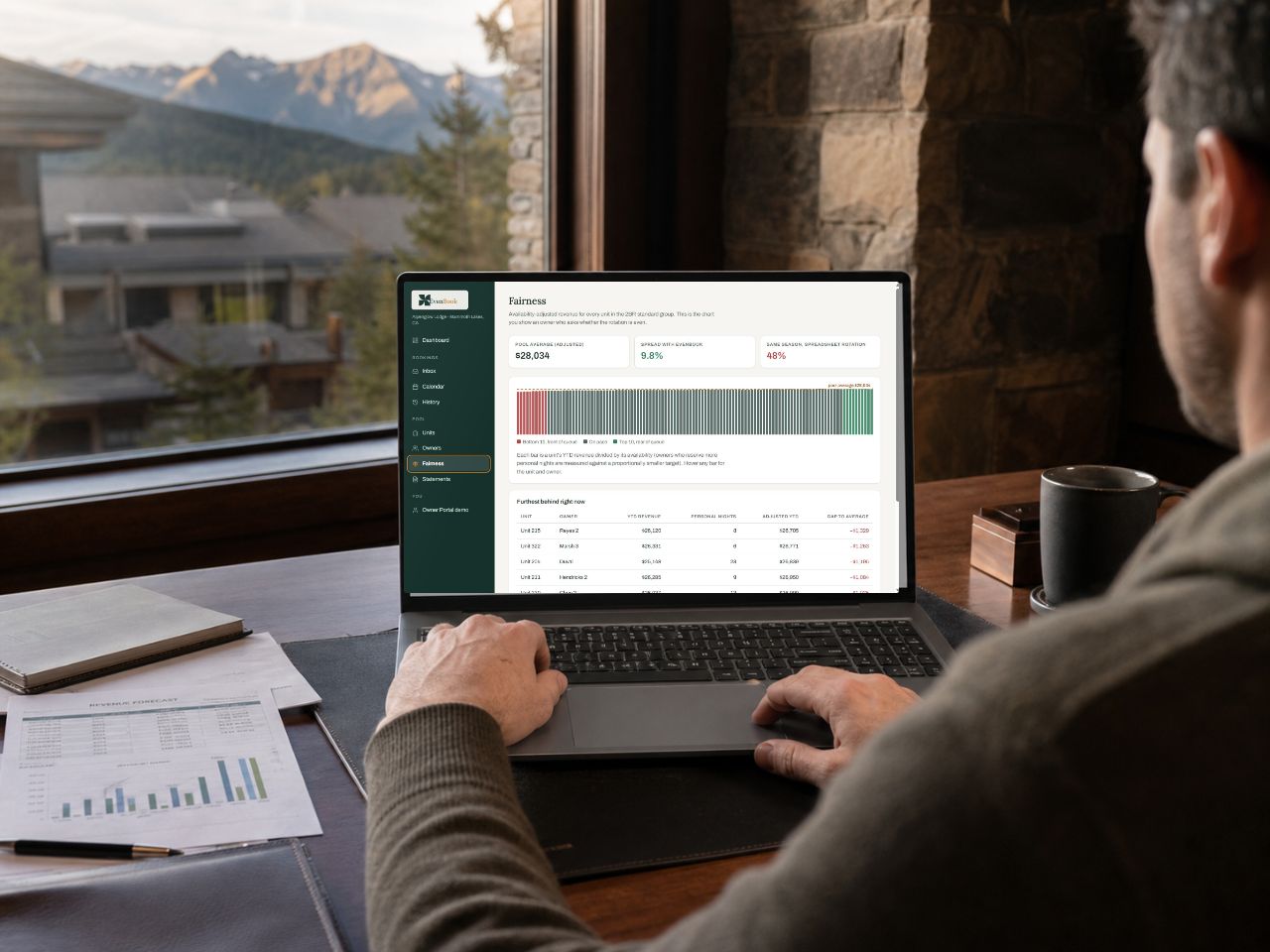 A resort revenue manager viewing the EvenBook Fairness workspace on a laptop